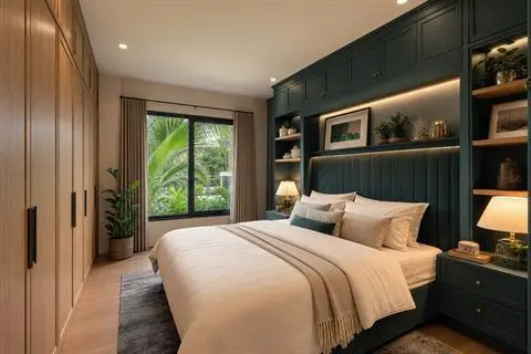 Bedroom with a fitted custom wardrobe and upholstered headboard