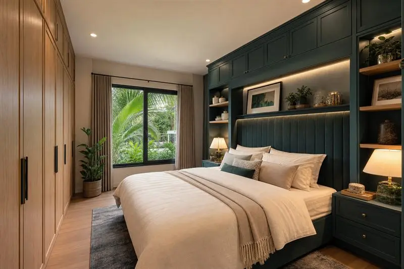 Bedroom with a custom fitted wardrobe and built-in headboard