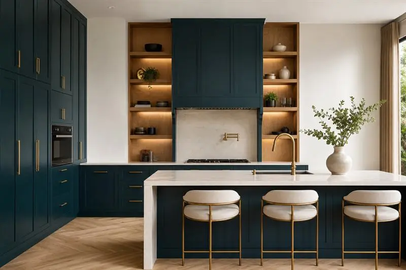 Custom modular kitchen in deep teal and oak, designed by MR Depot