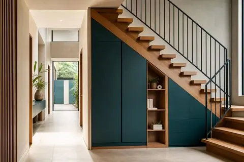 Oak staircase with custom teal under-stair cabinetry