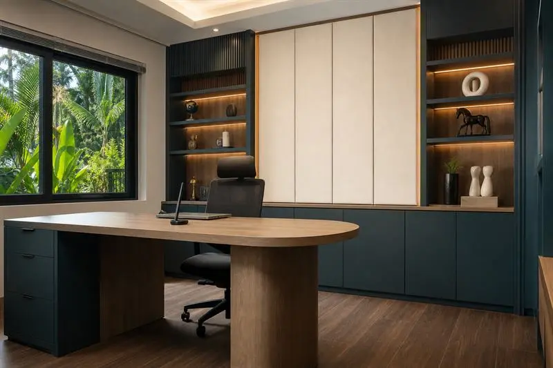 Tailored home office with teal and oak built-in cabinetry